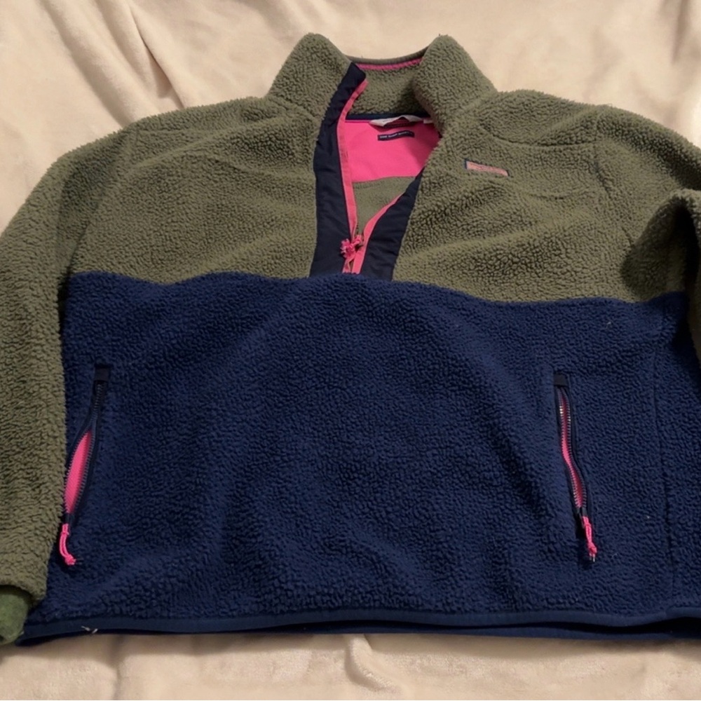 Vineyard Vines Olive and Navy Fleece Hoodie with Pink Accents
